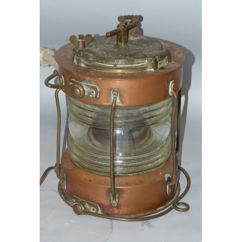 607 - A Copper and Brass RC Murray & Co, Glasgow Anchor Lamp (altered) 35cm high  