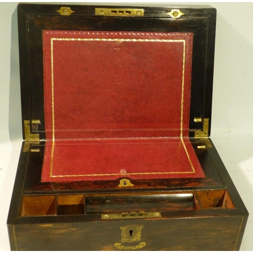 613 - A 19th Century Coromandel Writing Box having inlaid brass stringing, hinged lid enclosing red leathe... 