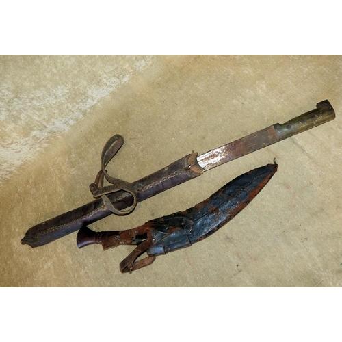 621 - A Horn Handled Machete with part leather sheath, 86cm long, also a Kukri knife (2)  