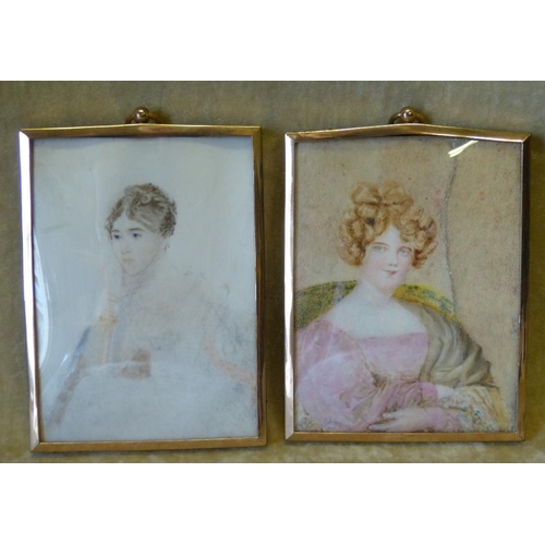 622 - 2 Rectangular Shape Miniatures Half Length Portraits of Ladies (1 cracked) in gilt frames, 11.5cmx 9... 