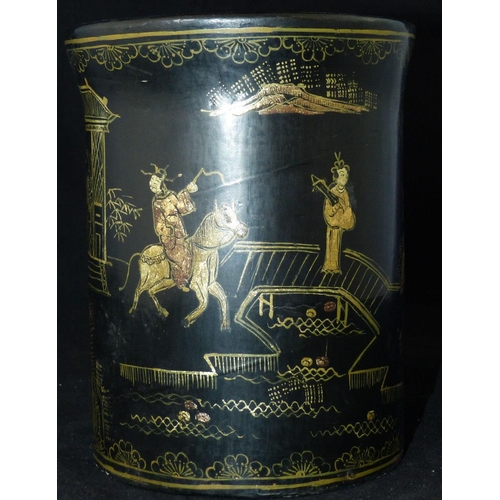 623 - A Chinese Black Lacquered Cylindrical Brush Pot having gilt figure, garden and floral decoration, 17... 