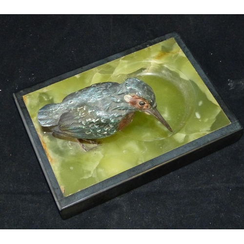 626 - A Cold Painted Bronze Figure of a bird mounted on rectangular onyx ashtray, 14.5cm wide  