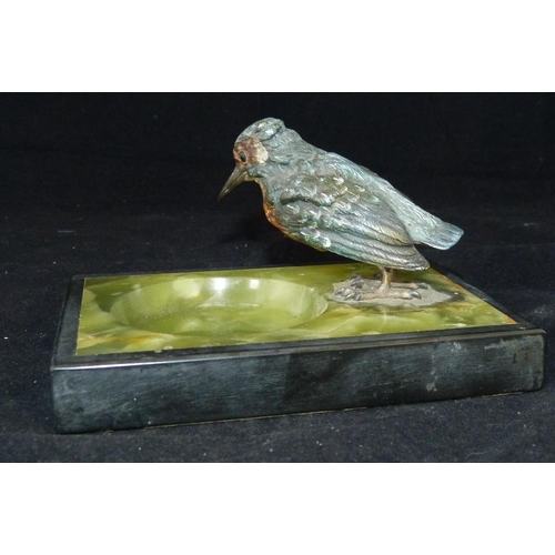 626 - A Cold Painted Bronze Figure of a bird mounted on rectangular onyx ashtray, 14.5cm wide  