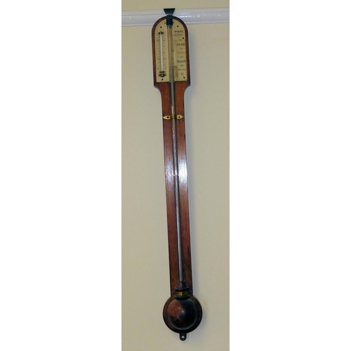 630 - A 19th Century Oak Stick Barometer with thermometer, 94cm high  