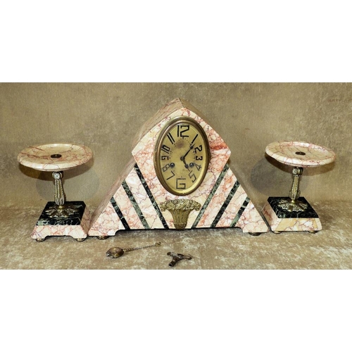 635 - An Art Deco Style Marble Clock Garniture having triangular shape clock with oval gilt dial having Ar... 