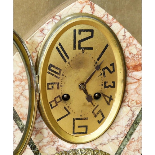 635 - An Art Deco Style Marble Clock Garniture having triangular shape clock with oval gilt dial having Ar... 