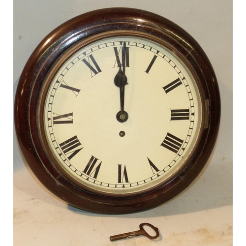 636 - A Mahogany Round Hanging Wall Clock having white painted dial with Roman numerals, 34cm diameter   