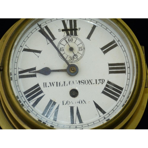 638 - H Williamson Ltd, London Brass Circular Wall Clock having white enamel dial with seconds dial, Roman... 