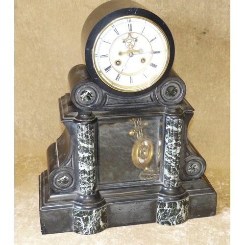 642 - Dargent, Large Heavy Black Slate 8 Day Striking Visible Movement Mantle Clock having Corinthian colu... 