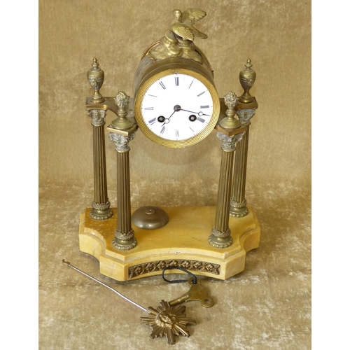 643 - Japy Frerers Gilt Metal Drum 8 Day Striking Mantle Clock having bird motif on 4 Corinthian column su... 