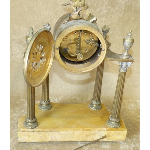 643 - Japy Frerers Gilt Metal Drum 8 Day Striking Mantle Clock having bird motif on 4 Corinthian column su... 