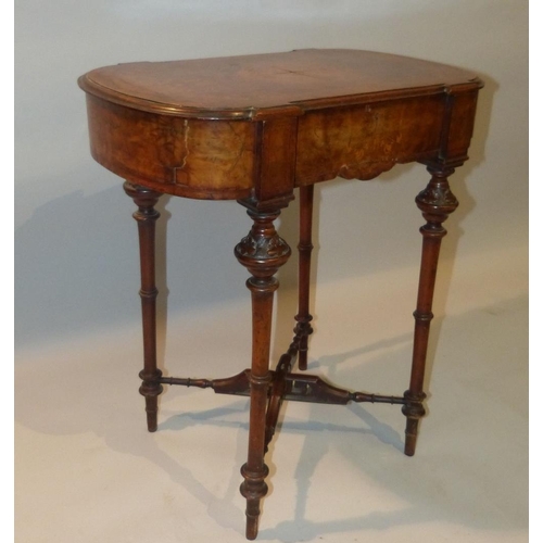 650 - A Victorian Burr Walnut Worktable having inlaid marquetry floral, stringing and banding, hinged lid ... 