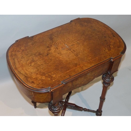 650 - A Victorian Burr Walnut Worktable having inlaid marquetry floral, stringing and banding, hinged lid ... 