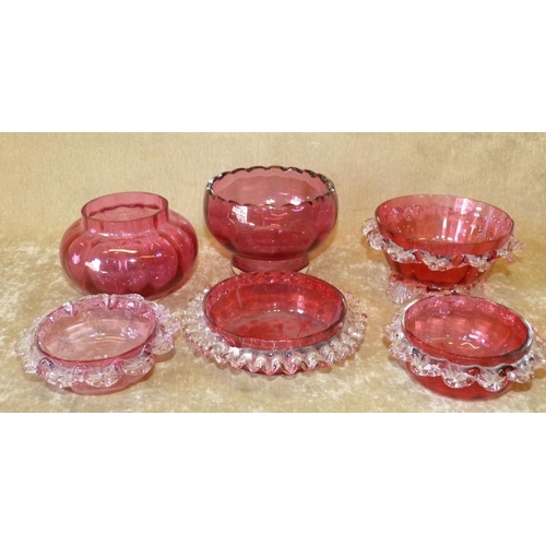 67 - A Pair of Cranberry Glass Round Small Dishes having impressed floral scalloped rims, 2 other similar... 