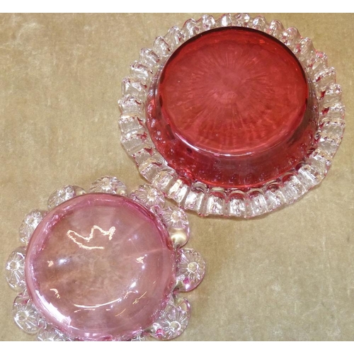 67 - A Pair of Cranberry Glass Round Small Dishes having impressed floral scalloped rims, 2 other similar... 