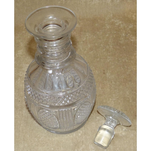 7 - A Georgian Cut Glass Bulbous decanter having ring neck with mushroom shape stopper with all over too... 