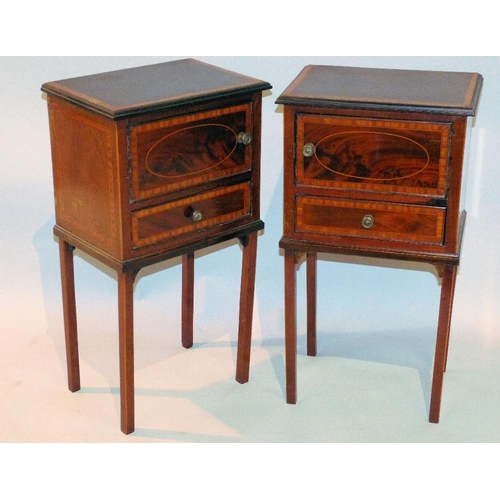 705 - A Pair Edwardian Mahogany Bedside Cupboards having all over inlaid banding and stringing, single pan... 