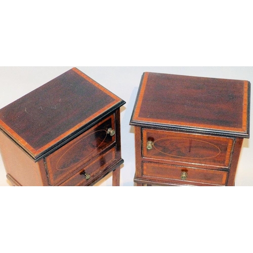 705 - A Pair Edwardian Mahogany Bedside Cupboards having all over inlaid banding and stringing, single pan... 