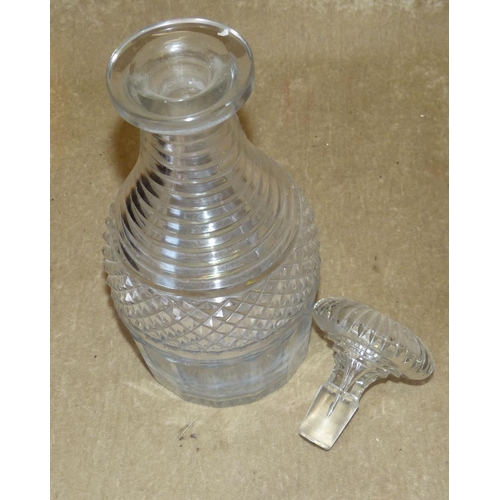 8 - A Georgian Cut Glass Round Thin Neck Decanter having mushroom shape stopper with ring and tooth cut ... 