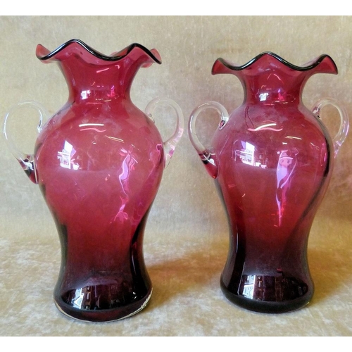 85 - A Pair of Cranberry Glass Bulbous Thin Neck 2-Handle Trumpet Shape Vases having crinkle rims, 21.5cm... 