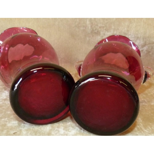 85 - A Pair of Cranberry Glass Bulbous Thin Neck 2-Handle Trumpet Shape Vases having crinkle rims, 21.5cm... 