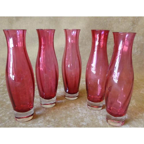 88 - A Set of 5 Cranberry Bulbous Trumpet Shape Tulip Vases, 20cm high  