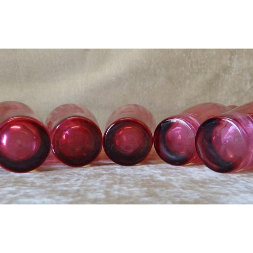 88 - A Set of 5 Cranberry Bulbous Trumpet Shape Tulip Vases, 20cm high  