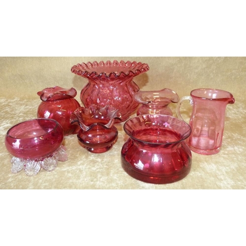 91 - A Cranberry Glass Bulbous Trumpet Shape Vase having crinkled rim, 11cm high, 2 similar smaller vases... 