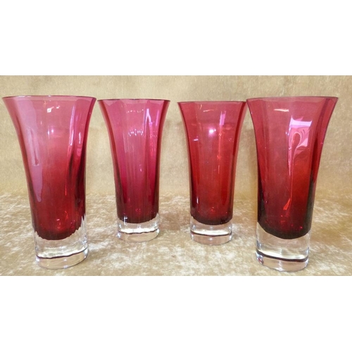 92 - A Set of 4 Cranberry Glass Round Trumpet Shape Vases, 17.5cm high  