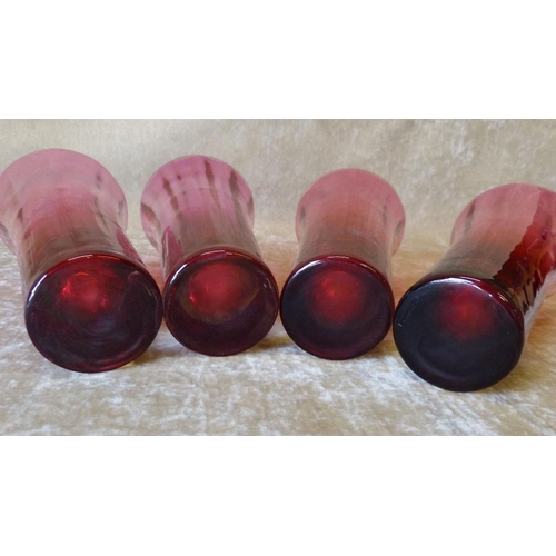 92 - A Set of 4 Cranberry Glass Round Trumpet Shape Vases, 17.5cm high  