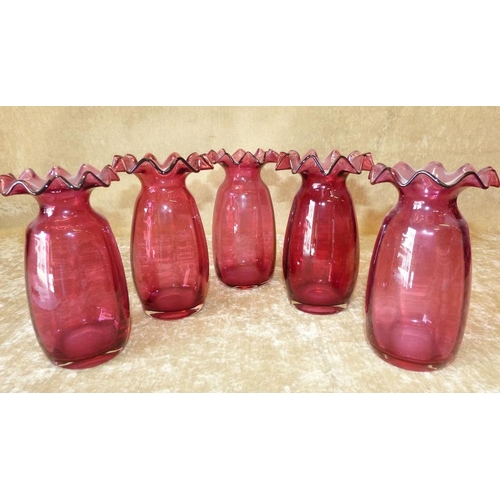 95 - A Set of 5 Cranberry Glass Bulbous Trumpet Shape Vases having crinkle rims, 17.5cm high  