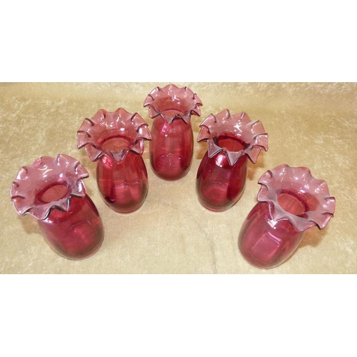 95 - A Set of 5 Cranberry Glass Bulbous Trumpet Shape Vases having crinkle rims, 17.5cm high  