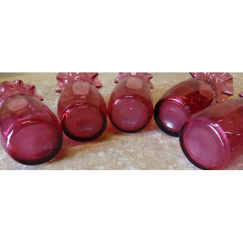 95 - A Set of 5 Cranberry Glass Bulbous Trumpet Shape Vases having crinkle rims, 17.5cm high  