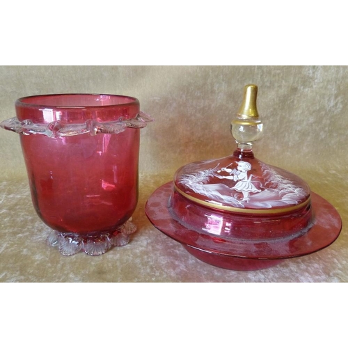 97 - A Mary Gregory Cranberry Glass Round Lidded Dressing Table Pot, 18.5cm diameter, also a Cranberry gl... 