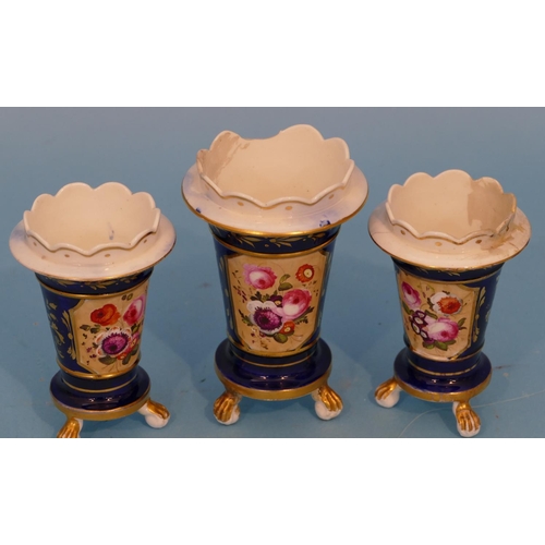 32 - A Pair 19th Century Round Trumpet Shape Vases with crinkled rims, on white and blue ground with hand... 