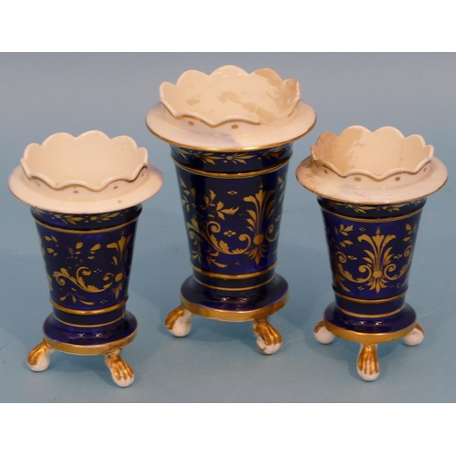 32 - A Pair 19th Century Round Trumpet Shape Vases with crinkled rims, on white and blue ground with hand... 