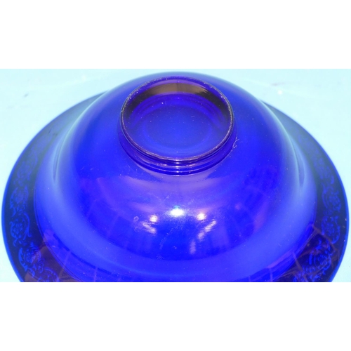 53 - A Blue Glass Round Trumpet Shape Bowl having gilt scroll rim, 22.5cm diameter