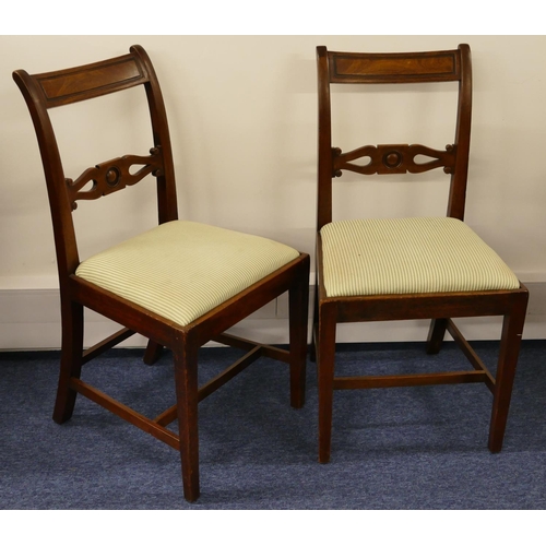 623 - A Pair 19th Century Mahogany Single Chairs having bar-backs, green striped drop-in seats on square t... 