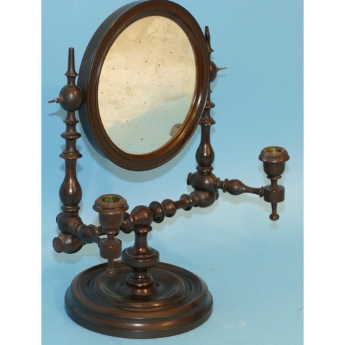 627 - A Small Fruit Wood Circular Shaving Mirror with candlesticks on turned stems, on round bases, 39cm h... 