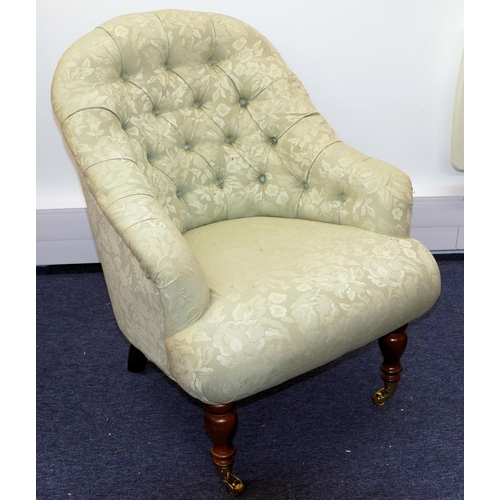 631 - A Reproduction Mahogany framed Tub Chair having pale green, floral and leaf upholstery with button b... 