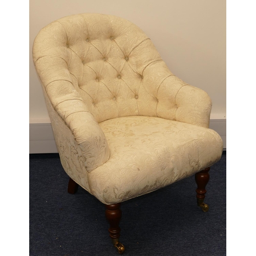 632 - A Similar Reproduction Mahogany Framed Tub Chair having cream button back and overstuffed seat, on t... 