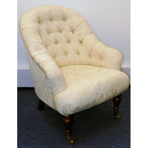 632 - A Similar Reproduction Mahogany Framed Tub Chair having cream button back and overstuffed seat, on t... 