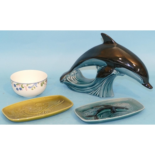 11 - A Poole Figure of a Dolphin on blue and black ground, 2 small Poole dishes and another Poole sugar b... 