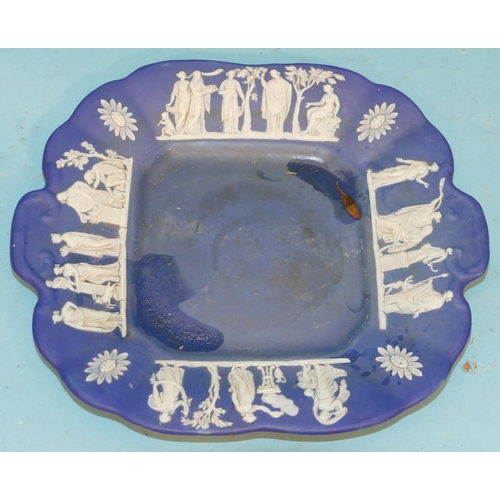 120 - A Wedgewood Jasperware Square Scallop Shaped Plate having raised classical figure, tree and floral d... 