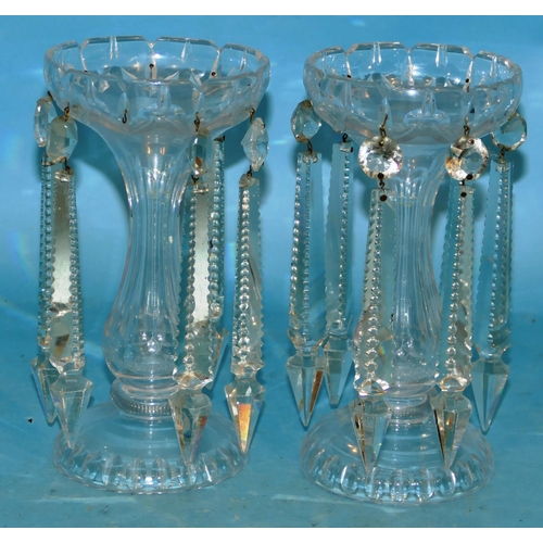 123 - A Pair of Clear Cut Glass Lustre's on Chamfer Bulbous Shaped Base Stems with round sweeping bases (6... 