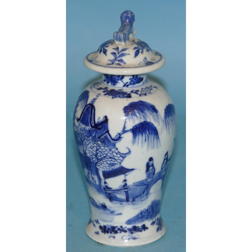 155 - A 19th Century Chinese Round Bulbous Thin Necked Lidded Vase on blue and white ground with river lan... 