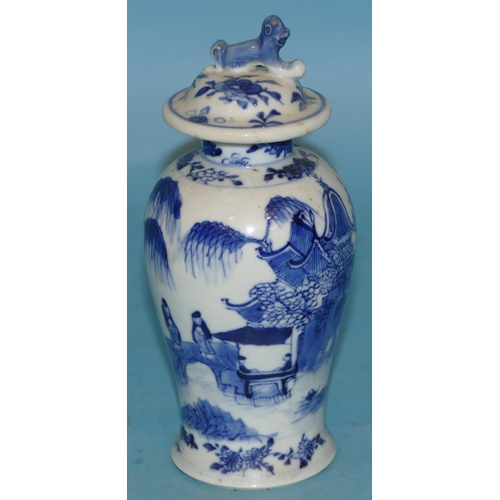 155 - A 19th Century Chinese Round Bulbous Thin Necked Lidded Vase on blue and white ground with river lan... 