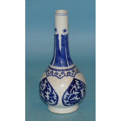 162 - A Chinese Round Bulbous Thin Necked Bottle Vase on blue and white ground with feather, floral, leaf ... 