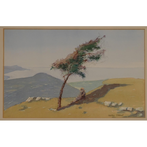 169 - Headley Stroud watercolour depicting figure seated on hilltop under tree, signed in gilt frame, also... 