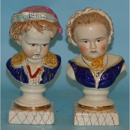 20 - A Pair of Continental Busts of Young Boy and Girl on Square Bases, 20cm high